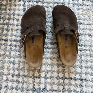 Birkenstock Bostons-Dark Brown Suede Slip-Ons